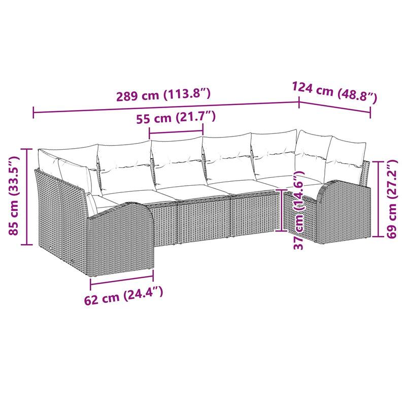 vidaXL 7 Garden Sofa Set with Cushions Black/Brown/Grey Poly Rattan - 113.8 x 48.8 x 27.2