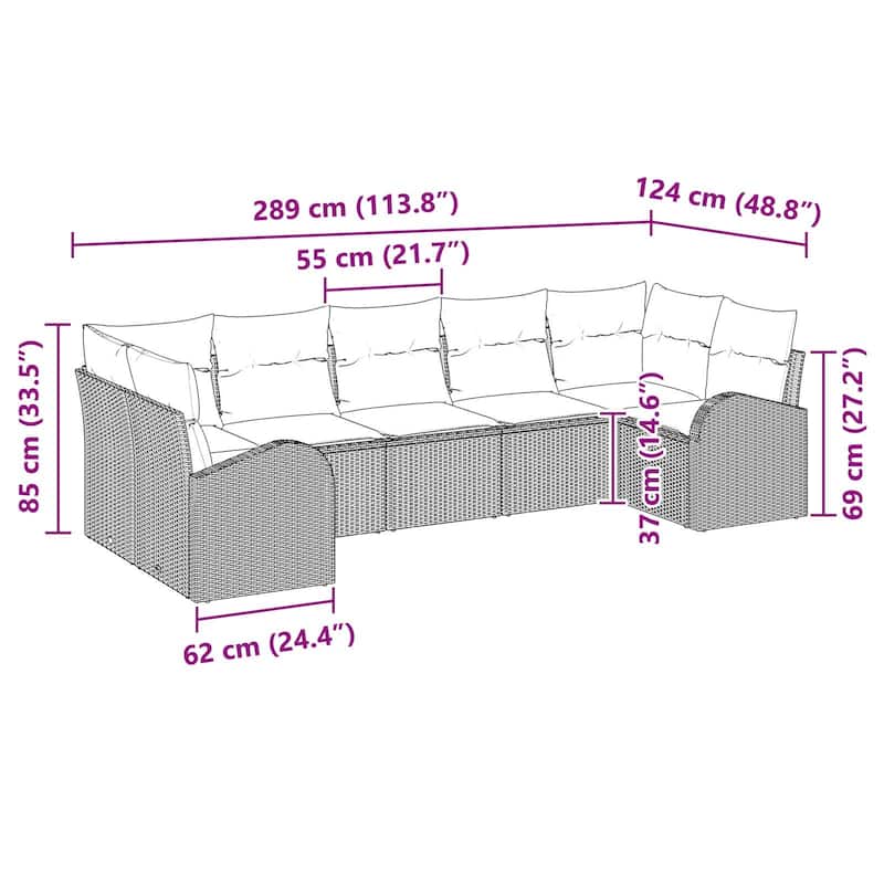 vidaXL 7 Garden Sofa Set with Cushions Black Poly Rattan - 113.8 x 48.8 x 27.2