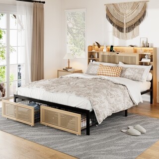 Queen Upholstered Bed Frame with Storage Headboard, 2 Drawers, RGB LED, Charging Ports, Heavy Duty, Noise-Free Design, Natural