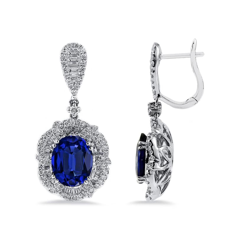 Auriya Fancy 6 3/8cttw Royal Blue Sapphire Oval and 2 1/8ctw Halo Diamond Earrings 18K Gold