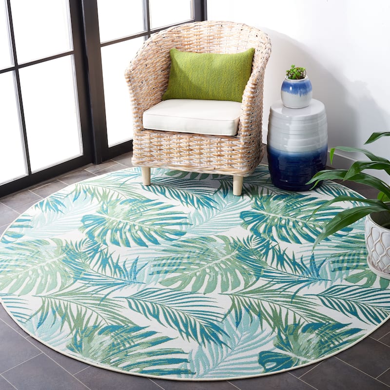 SAFAVIEH Barbados Asimina Tropical Indoor/ Outdoor Waterproof Patio Backyard Rug - 6'6" x 6'6" Round - Green/Teal