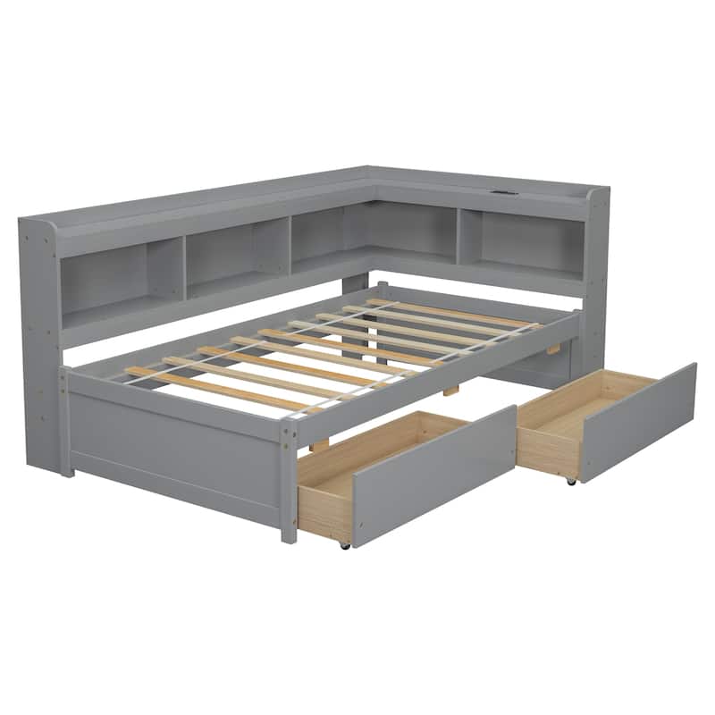 Full Size Bed with L-Shaped Bookcase, USB Charging Ports, 2 Storage Drawers, Power Outlets, and Espresso Finish
