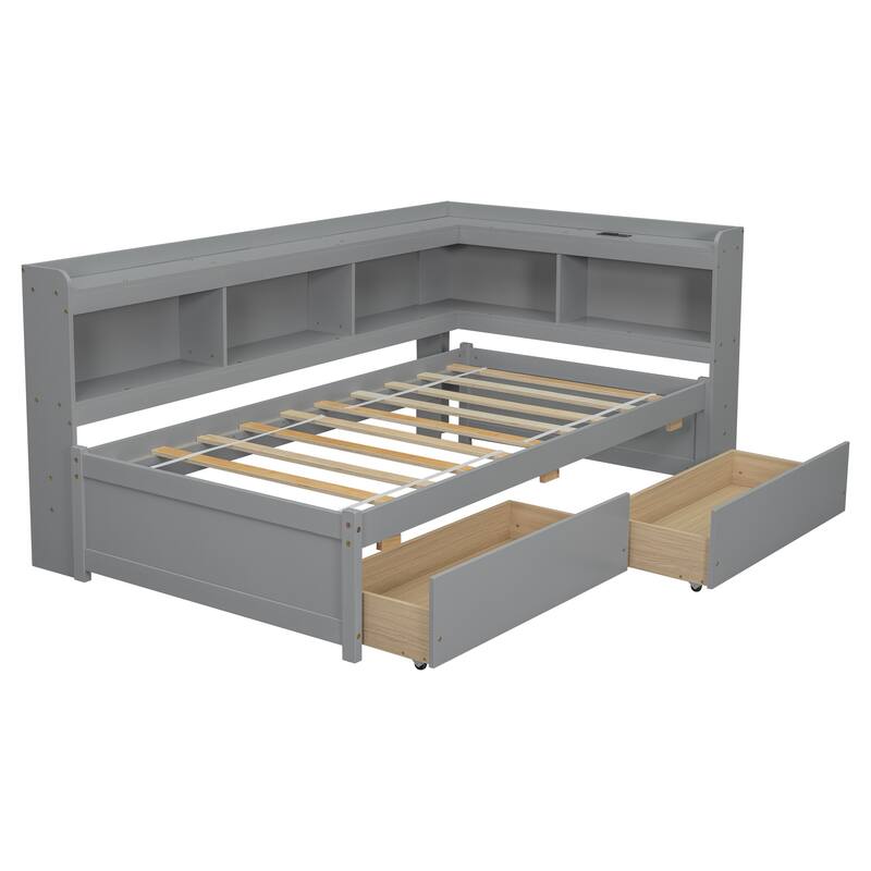 Twin Platform Bed with L-Shaped Bookcase, Charging Station & 2 Storage Drawers
