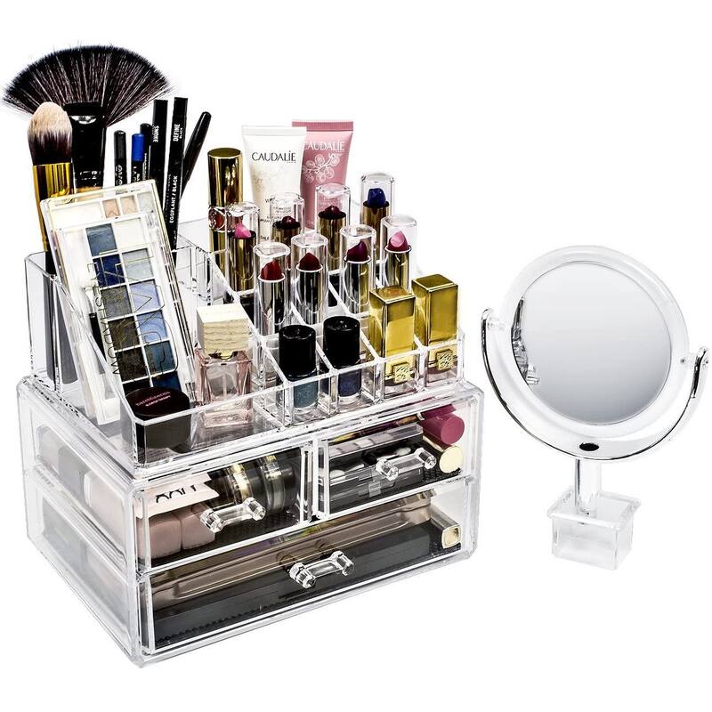 Sorbus Acrylic Cosmetic Makeup and Jewelry Storage Case Display with Removable Magnifying Mirror - 9.25" L x 6.25" W x 14.75"