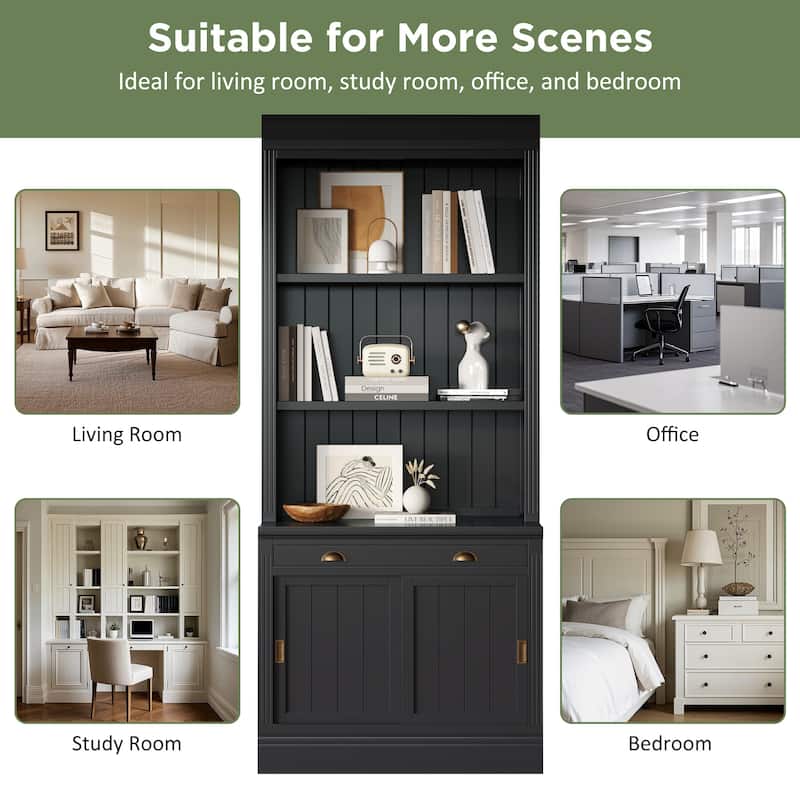 Classic Wood Bookshelf, Freestanding Bookcase with Open Shelves, Modern Storage Cabinet w/Sliding Doors, Drawers for Living Room