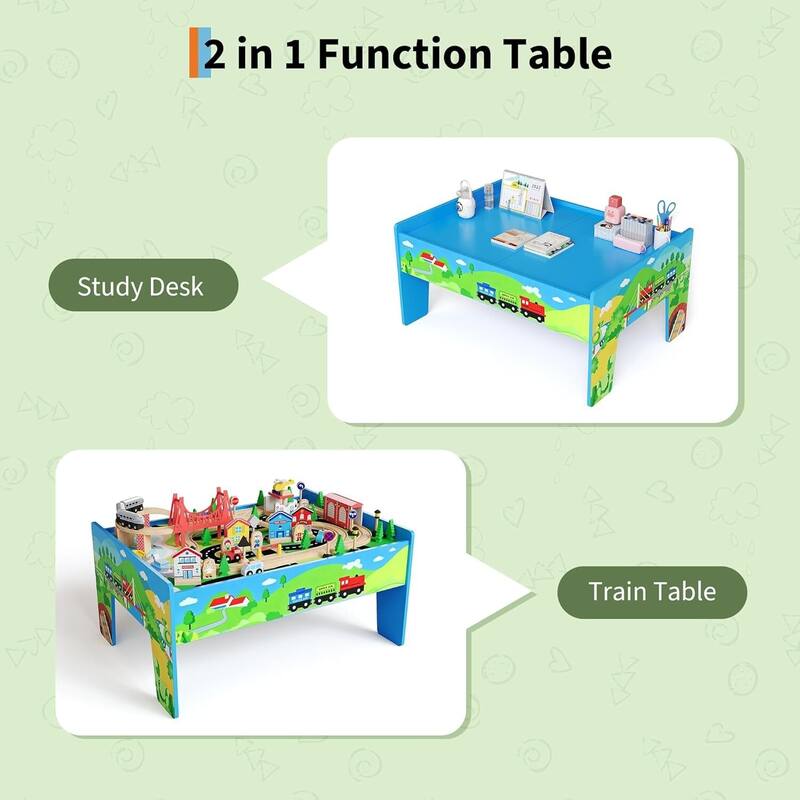 80 Pieces 4-in-1 Wooden Train Table, Activity Play Set for Toddlers & Kids