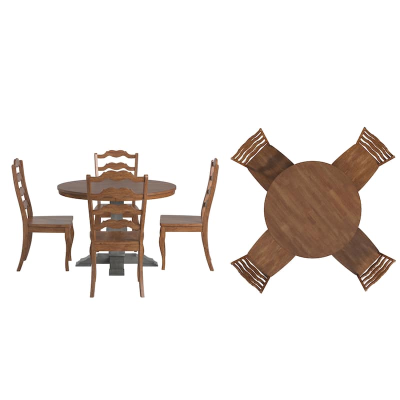 Ronda 45" Round Solid Wood Top Dining Set with French Ladder Back Chairs