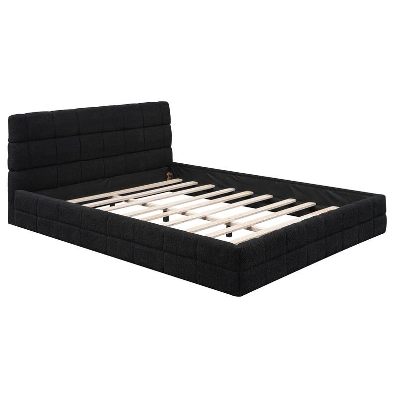 Modern Upholstered Platform Bed Frame Grounded Bed Frame with Striped Headboard/Wood Slats Support/No Box Spring/Easy Assembly