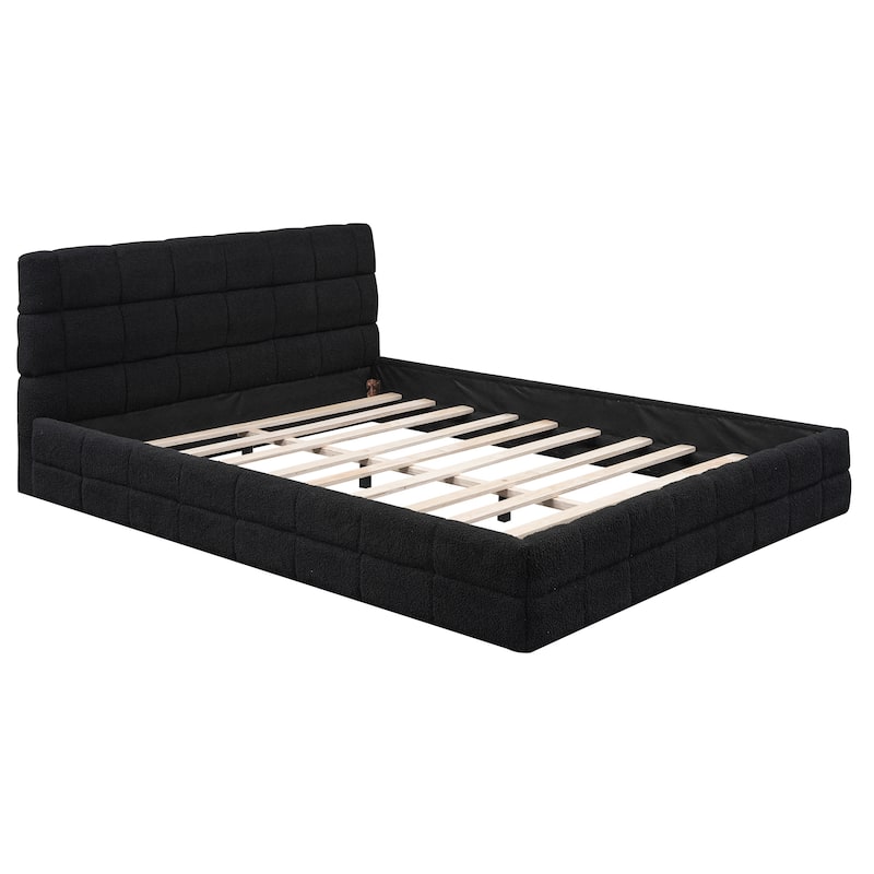 Queen Size Upholstered Platform Bed in Black with Headboard and Sturdy Construction