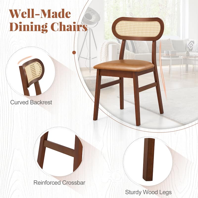 Set of 2 Modern Dining Chairs with Rattan Back and Waterproof PU Cushion Rubber Wood Legs - 19.5" x 19" x 31" (L x W x H)