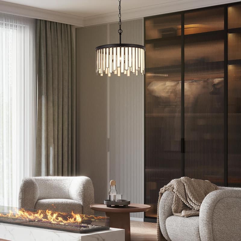 Tifany Modern 3-Light Drum Black Chandelier Glass Foyer Island Light for Dining Room - D16"* H15"