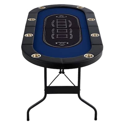 Blue Foldable Poker Table with Felt Top, 8 Player, Cup Holders - 72.1”L x 32.3” W x 28.3” H