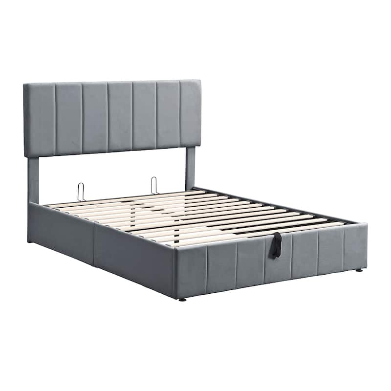 Linen Upholstered Bed Low Profile Platform Bed Storage Bedframe with Hydraulic Storage System, Headboard and Slats Support