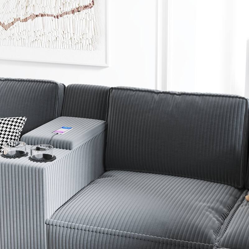 133" L-Shaped 6-Seater Corduroy Sectional - Storage Armrests with USB Charging & Reversible Design