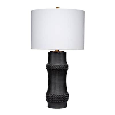 Lemy 28 Inch Table Lamp, White Linen Drum Shade, Dotted Black Base