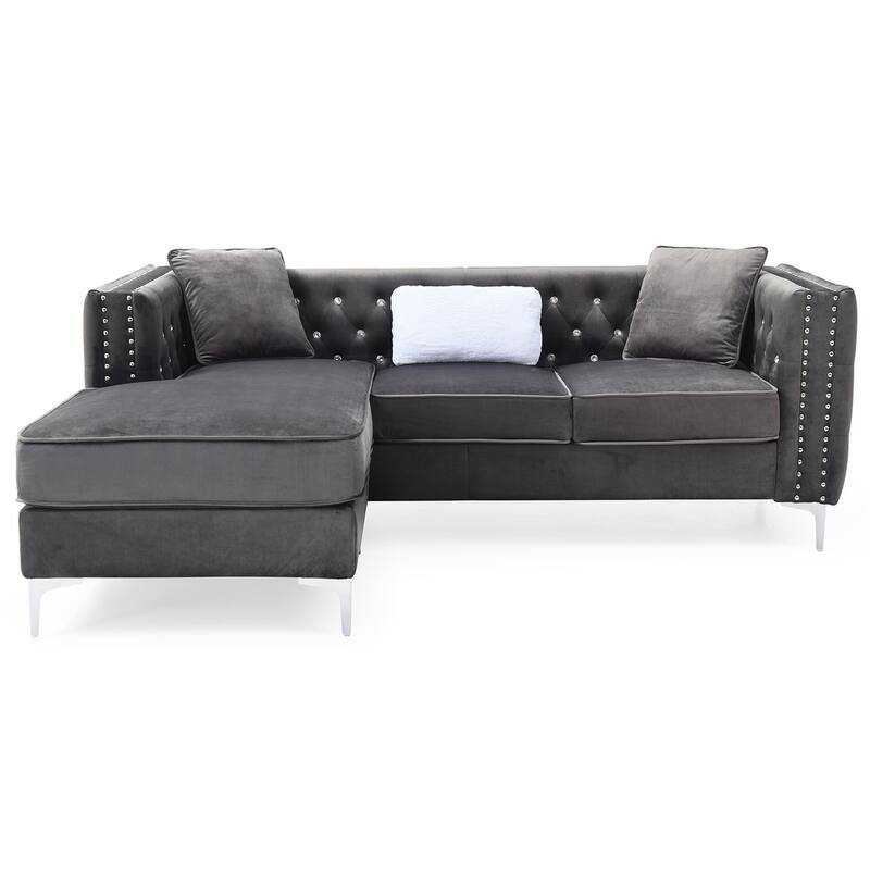 Paige 87 in. Velvet L-Shape 3-Seater Sofa with 2-Throw Pillow - 87"L x 64"W x 30"H