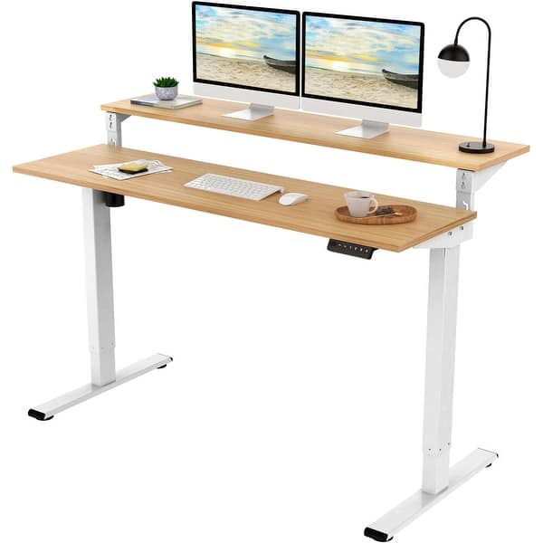 slide 1 of 24, FlexiSpot 55" Home Office Standing Desk Studio Desk Height Adjustable Computer Desk Dual Tier Ergonomic Memory Controller Oak