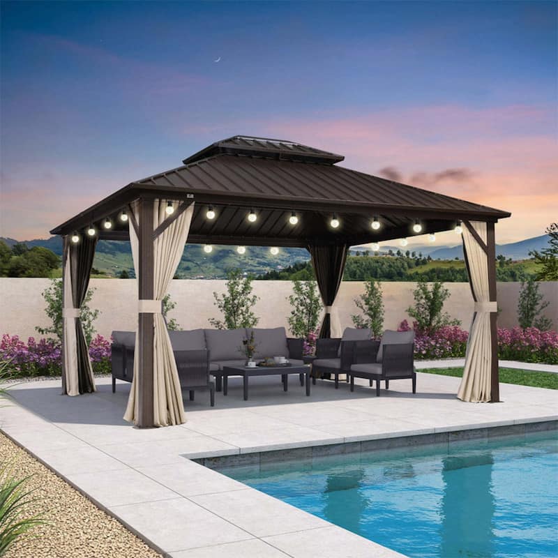 PURPLE LEAF Gazebo Outdoor Gazebo with Dual-Layer Galvanized Steel Double Roof Aluminum Gazebo with Netting and Curtains Bronze - 10' x 14' - with lights