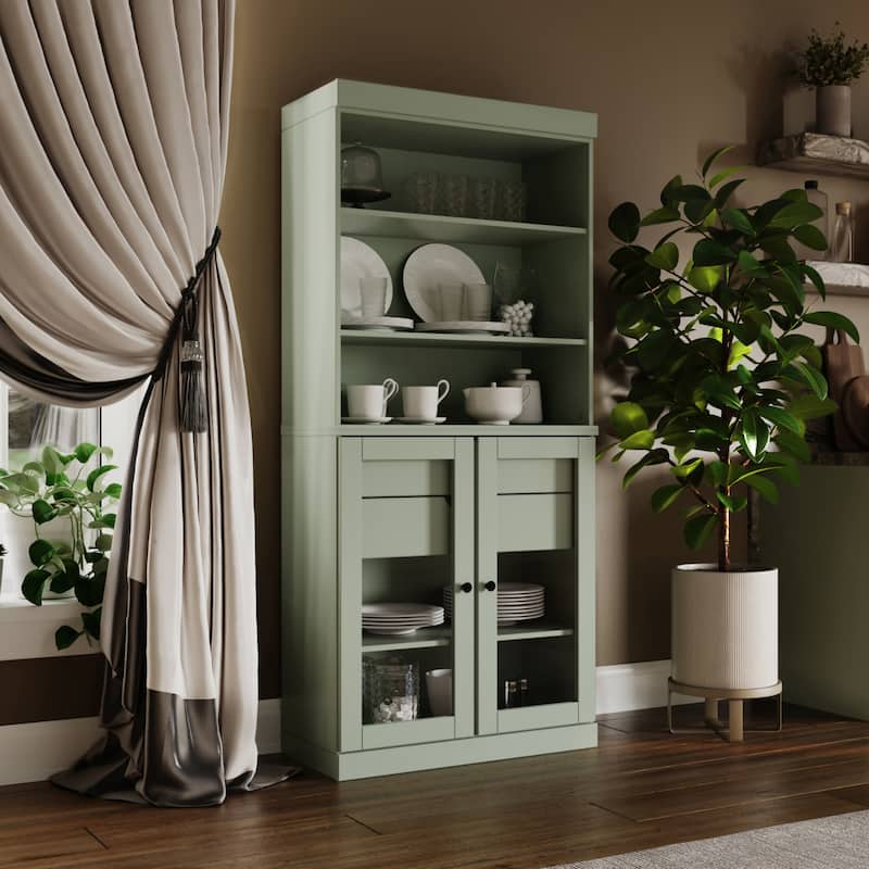100% Solid Wood Kitchen Pantry Cabinet with 2 Clear Glass or Solid Wood Doors and 2-Drawer Organizer by Palace Imports
