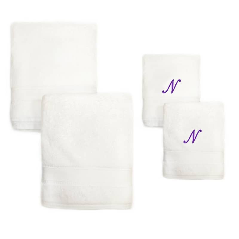 Sweet Kids 2-piece White Turkish Cotton Bath and Hand Towel Set with Lavender Purple Monogrammed Initial - white/purple n