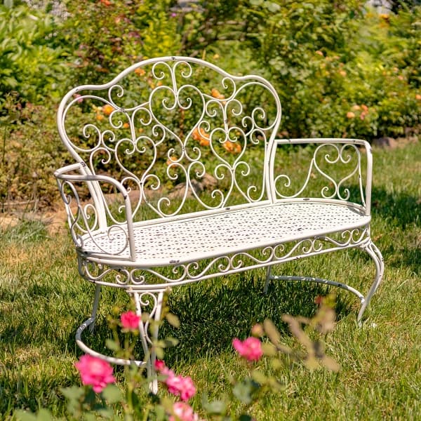 slide 2 of 3, "Esme" Iron Garden Bench with Heart Design - 45.7X21.65X45.7 White