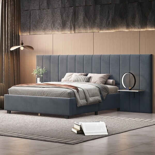 Queen Size Upholstered Platform Bed with Oversized Headboard Grey