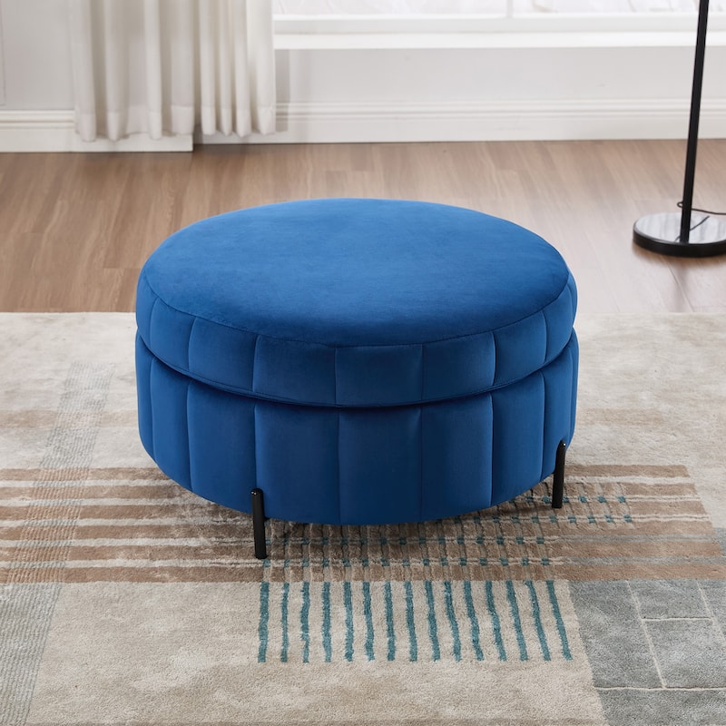 31.5"W Upholstered Round Ottoman With Reversible Lid, Velvet Storage Stool, Channel Tufted Pumpkin-shape Footstool