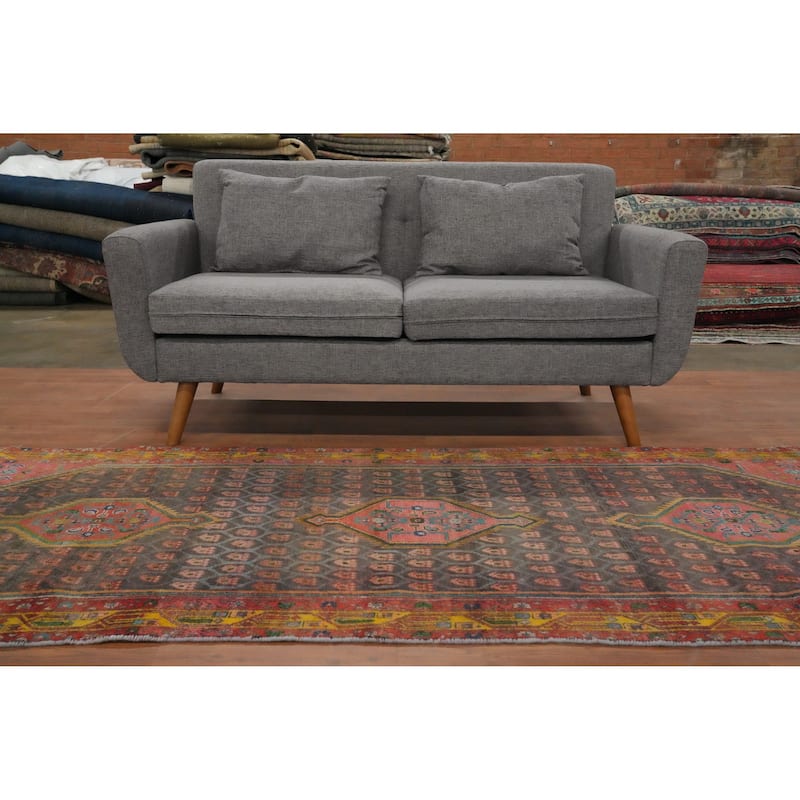Hand Knotted Oriental 100% Wool Carpet Traditional Geometric Greys & Charcoal Hamedan Runner Rug - 9' 2'' X 3' 6''