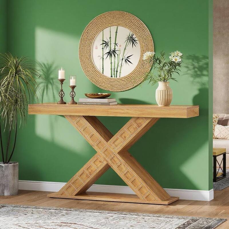 Brown MDF Farmhouse Console Table with X-Shaped Base and Sturdy Top - 55.12” L x 13.78 W x 34.06 H