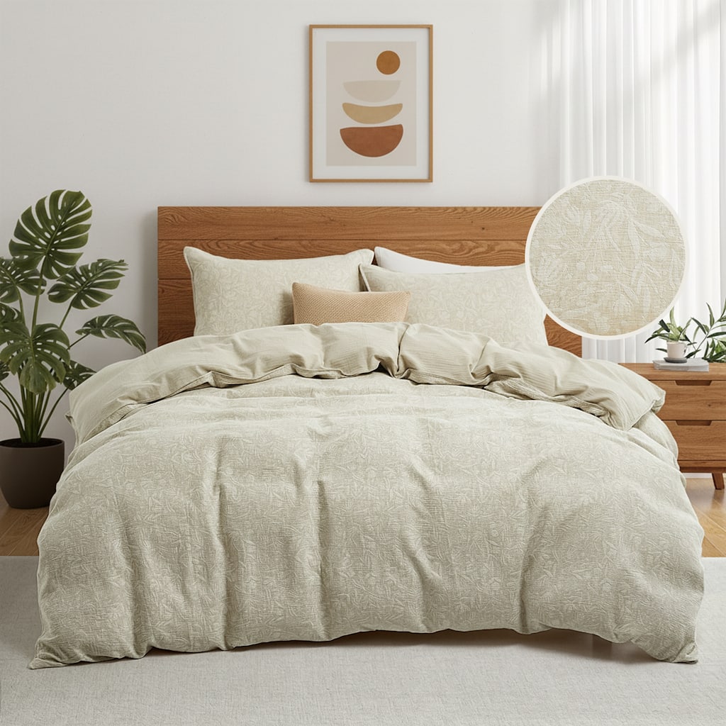 Floral Jacquard Cotton Linen Blend Duvet Cover Set, Bedding Set with Pillowcases