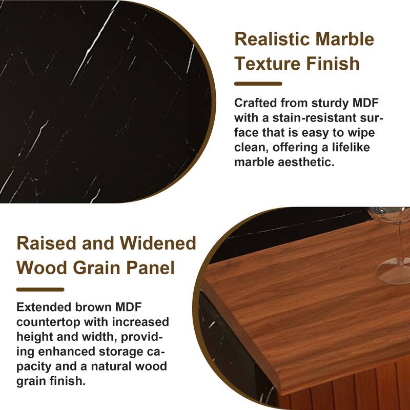 63" Modern Kitchen Island with Marble-Look Surface, LED Lights & Grille Design for Dining Room, Living Room