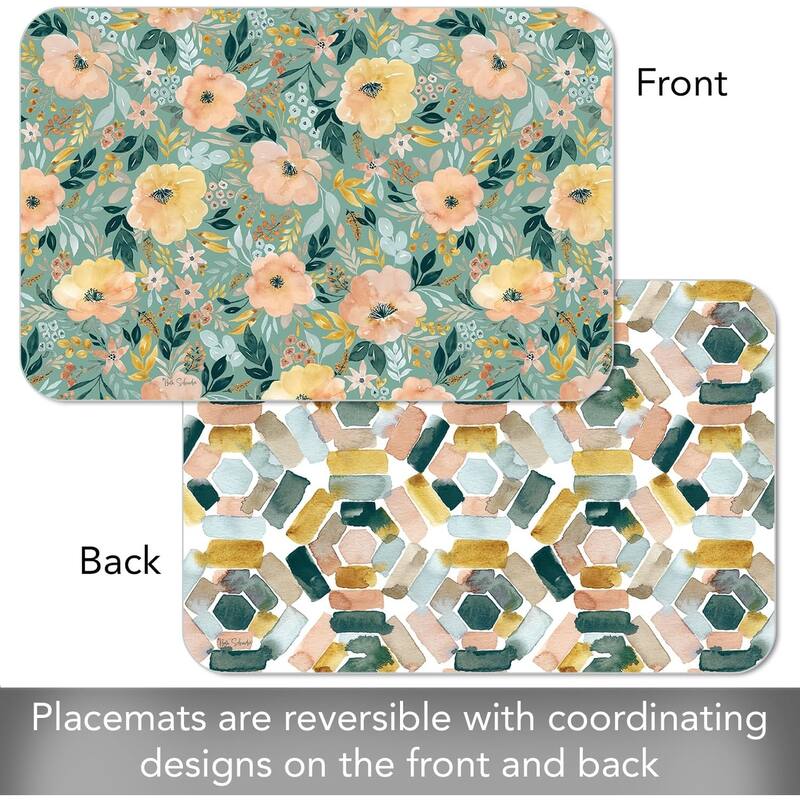 Modern Floral 4 Pack Reversible Easy Care Flexible Plastic Placemats Made in The USA BPA Free Easily Wipes Clean