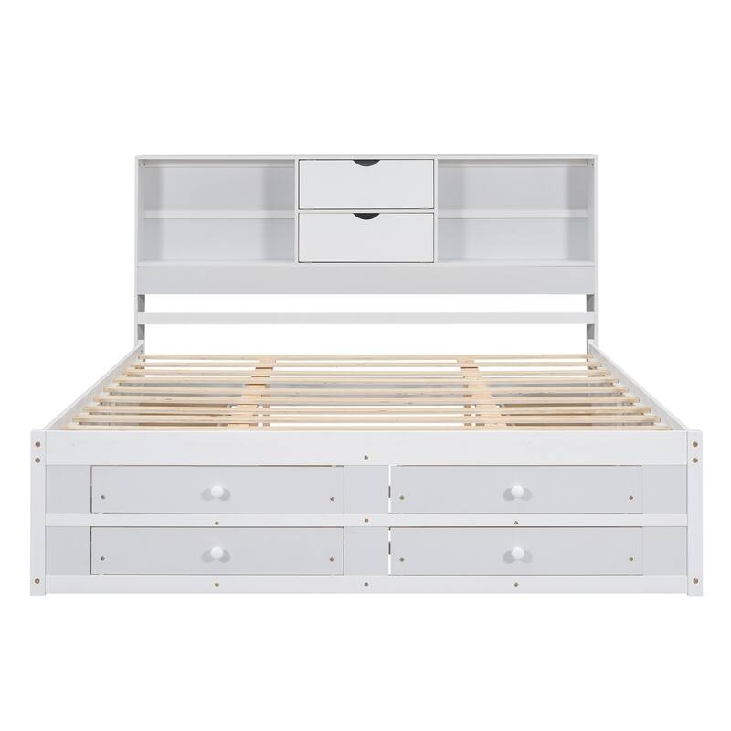 Queen / King Platform Bed with Storage Headboard and 8 Drawers Sturdy Pine Wood Construction