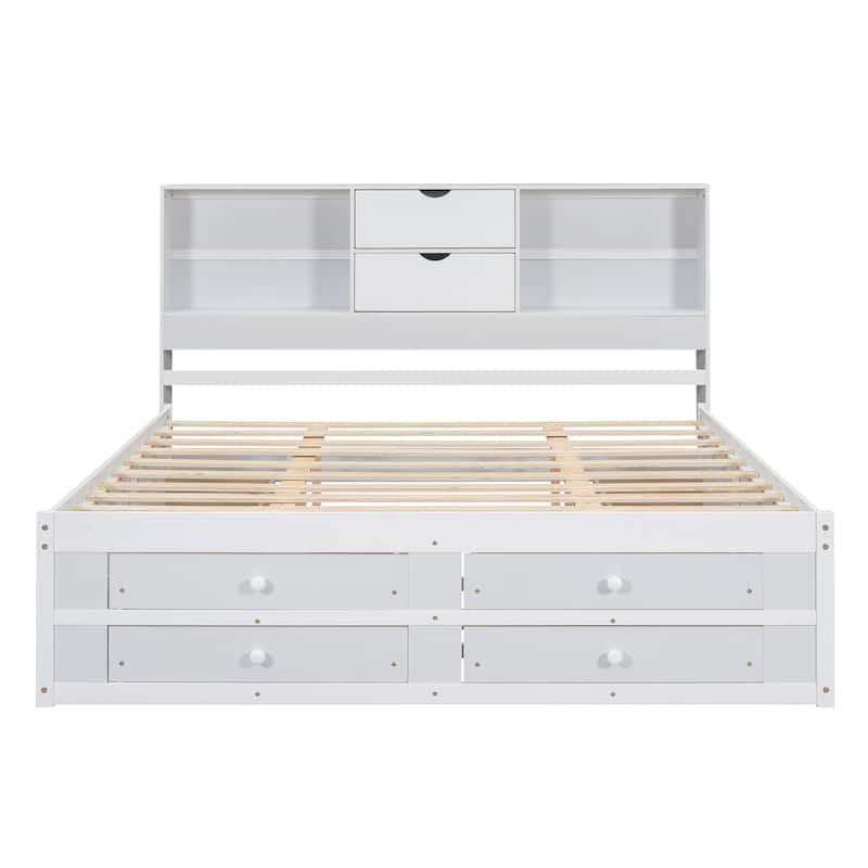 Solid Pinewood Platform Bed Frame with Storage Headboard and 8 Drawers