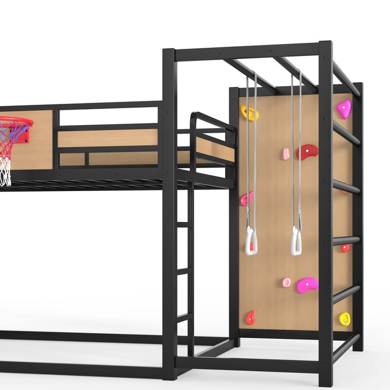 Full/Twin Metal Loft Bed with Basketball Hoop, Climbing Wall & Slide
