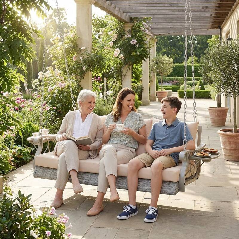 3-Person Wicker Patio Swing with Cushions & Pillows