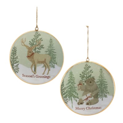 Forest Animal Christmas Disc Ornaments - 5.75" - Green and White - 6ct