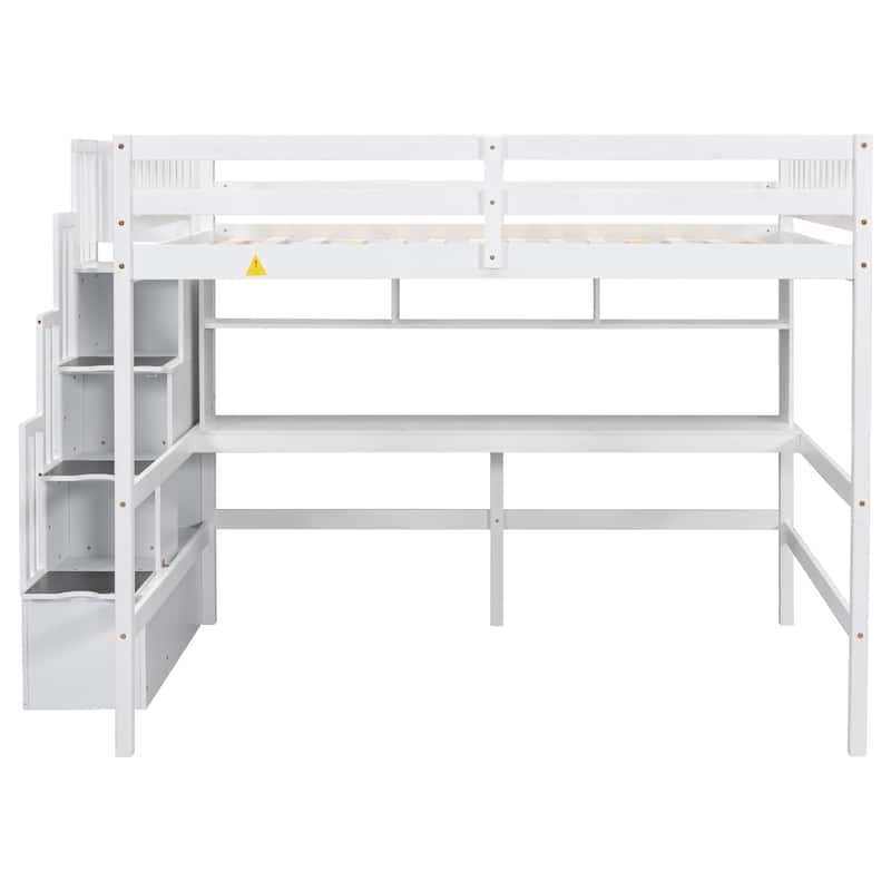 Wood Full Size Loft Bed with Desk, Storage shelves and Staircase