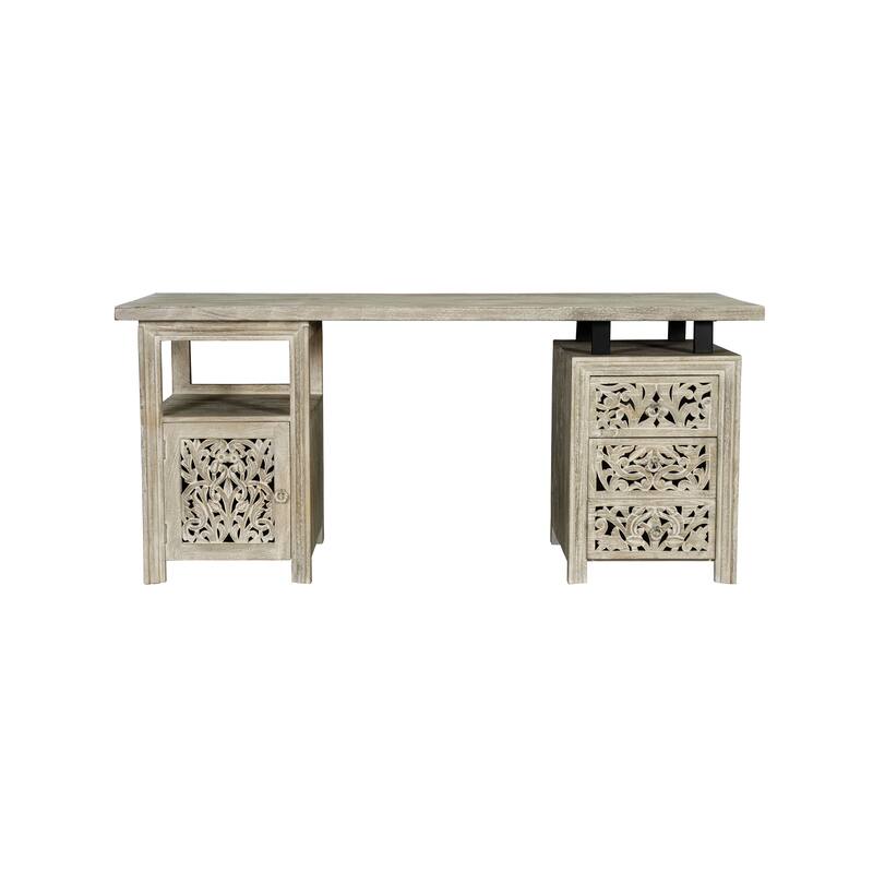 HomeRoots 68" White Solid Wood and Metal Carved Floral Desk With Three Drawers