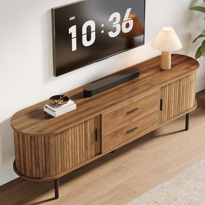 70.87" Walnut Mid-Century Modern Fluted TV Stand with Tambour Sliding Doors for Living Room