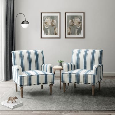 Geltrude Upholstered Striped Farmhouse Style Armchair With Nailhead Trim Set of 2 by HULALA HOME