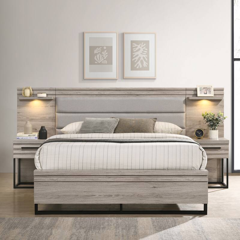 Roundhill Furniture Alvear Upholstered Wood Wallbed Bed with White LED Lights, 2 Nightstands, Weathered Gray - Queen