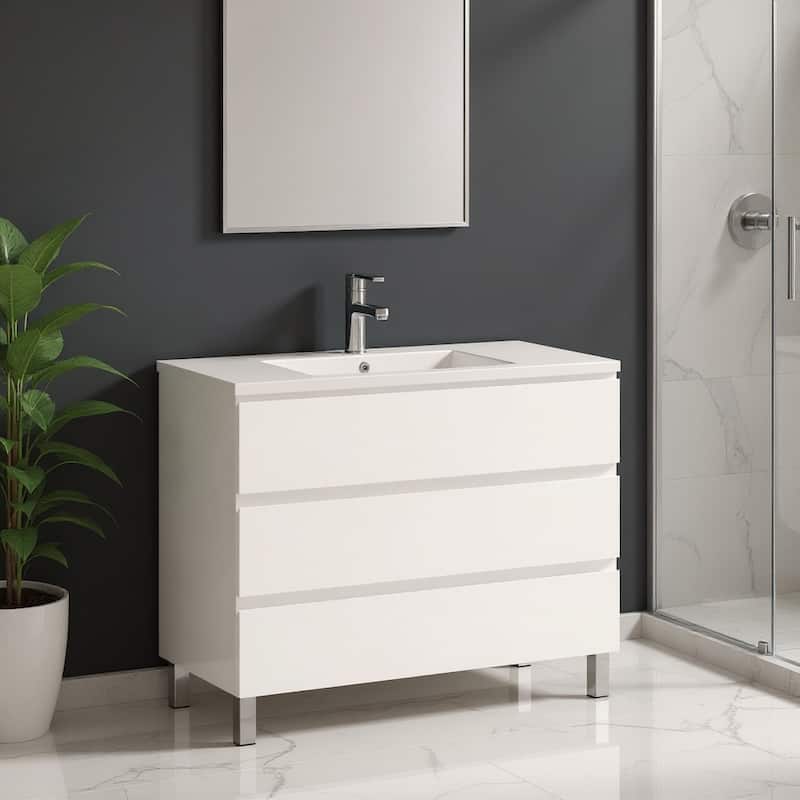 HomeRoots 40" White Wood Freestanding Bathroom Vanity With White Sink And Three Drawers - 40.00 in. x 39.06 in. x 18.10 in. - 40.00 in. x 39.06 in.  x 18.10 in. - Polished - White