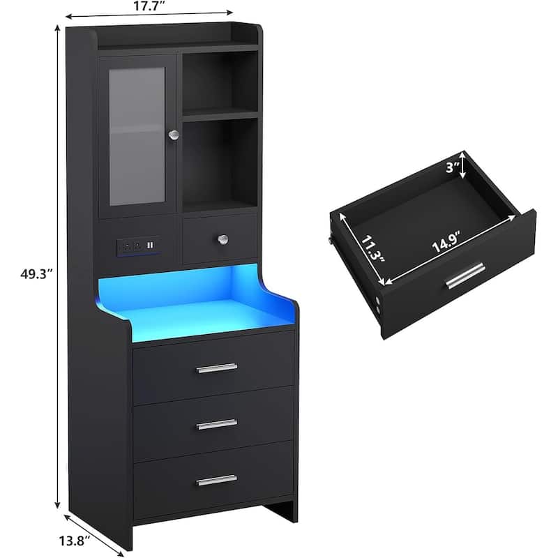 Tall Nightstand Charging Station 3 Drawers & Shelves LED Glass Door