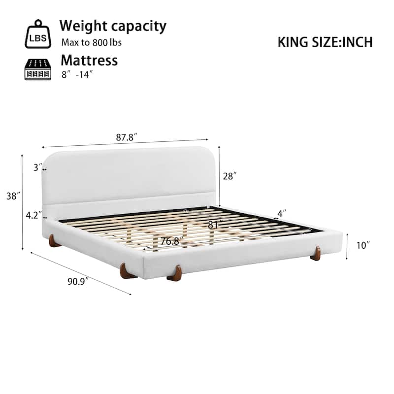 Modern Upholstered Bed Frame with 4-Inch Thick Panels, Fabric Design and Solid Rubberwood Legs, California King/King