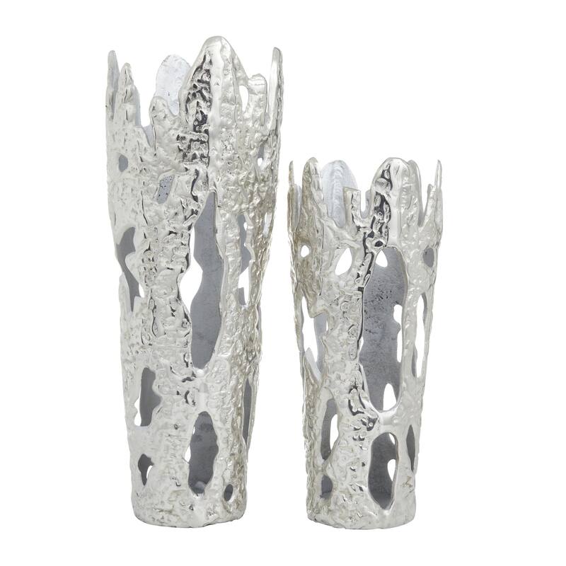Aluminum Metal Decorative Vase with Cut Out Designs - Set of 2 Gold, Black, Silver - Roche River Decor - Silver