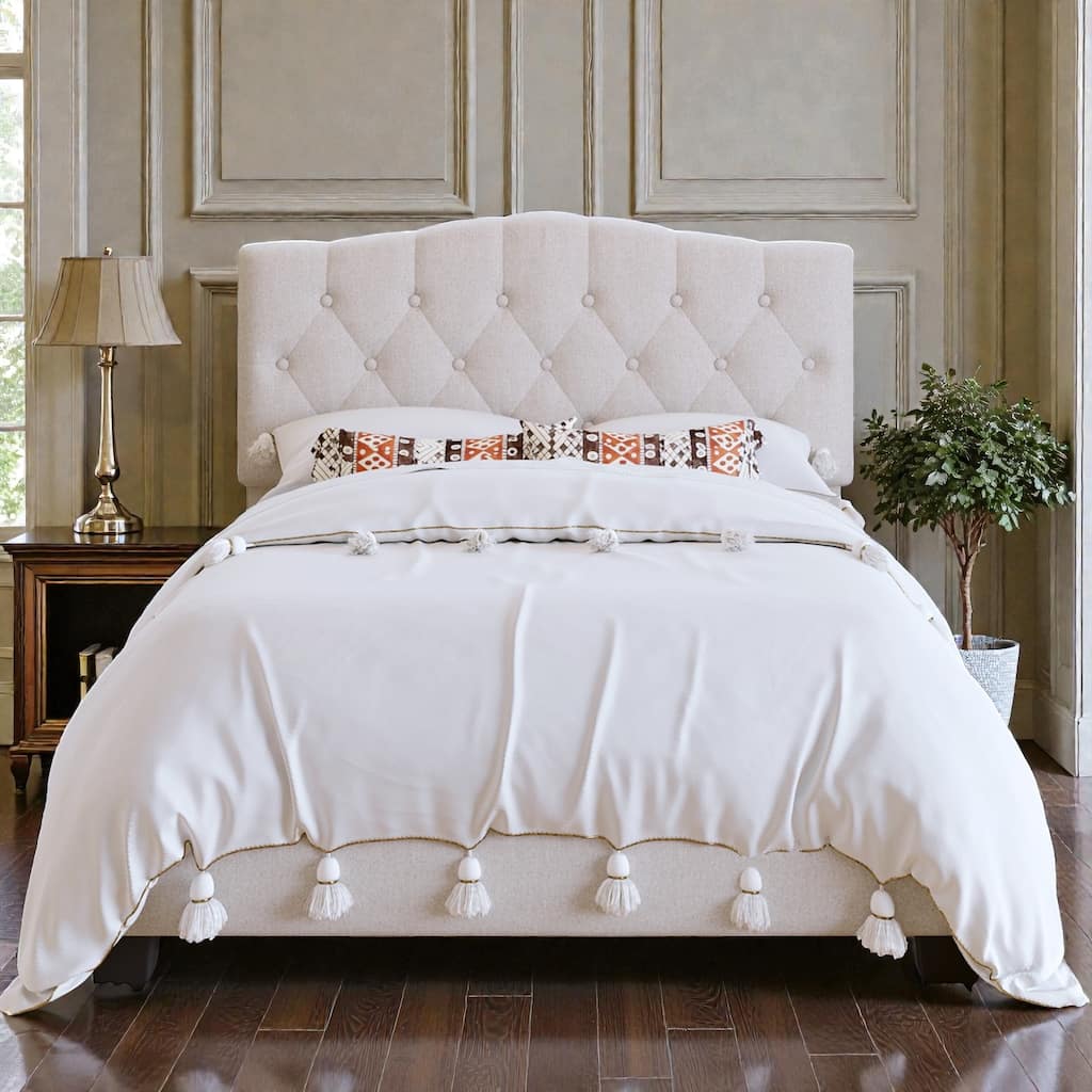 Upholstered Platform Bed with Adjustable Saddle-Curved Diamond Tufted Headboard, Wooden Slats and Metal Support