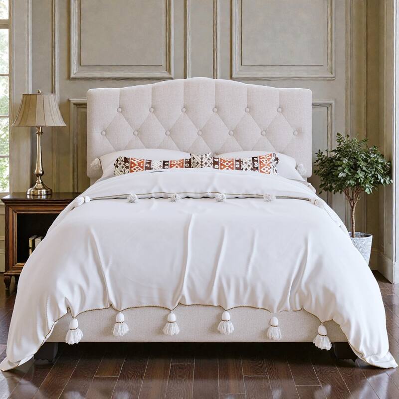 Upholstered Platform Bed with Adjustable Saddle-Curved Diamond Tufted Headboard, Wooden Slats and Metal Support - Beige - Full