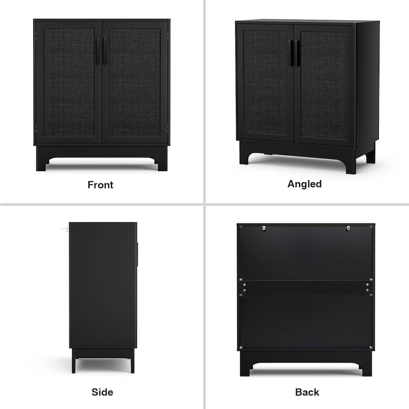 Anmytek Modern 2-Door Black Buffets Sideboards Rattan Kitchen Storage Cabinet with Adjustable Shelf - 31.5" W x 15.7" D x 35" H