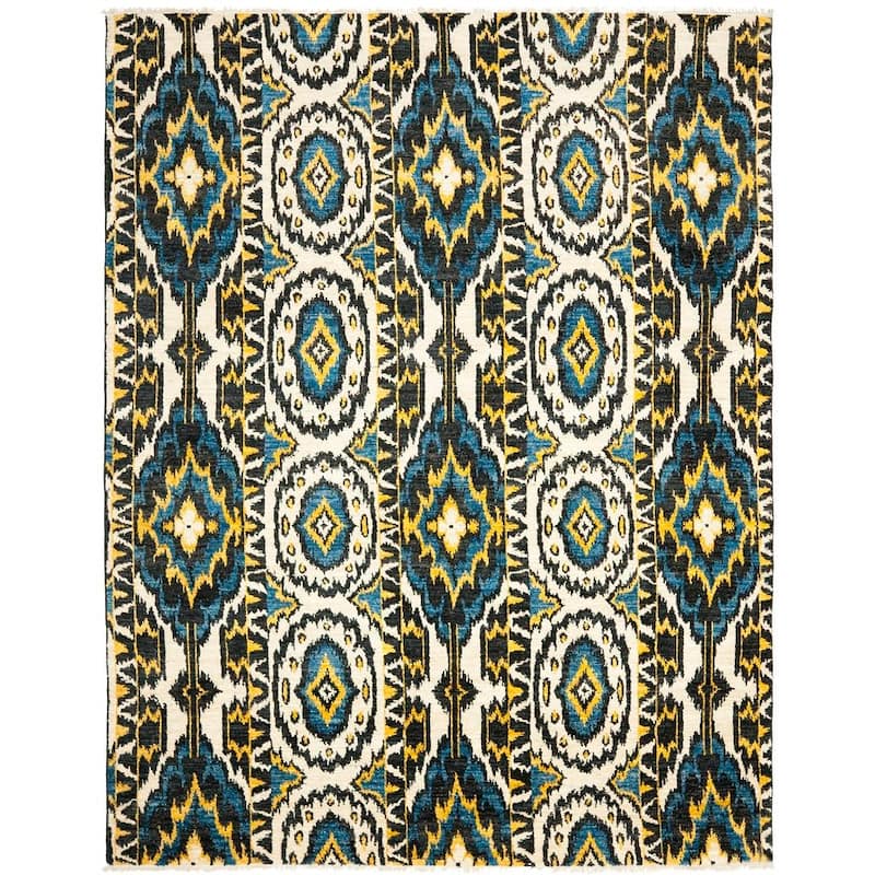 SAFAVIEH Couture Hand-knotted Calcutta Kethe Ikat Modern Wool Rug - 9' x 12' - Ivory/Blue